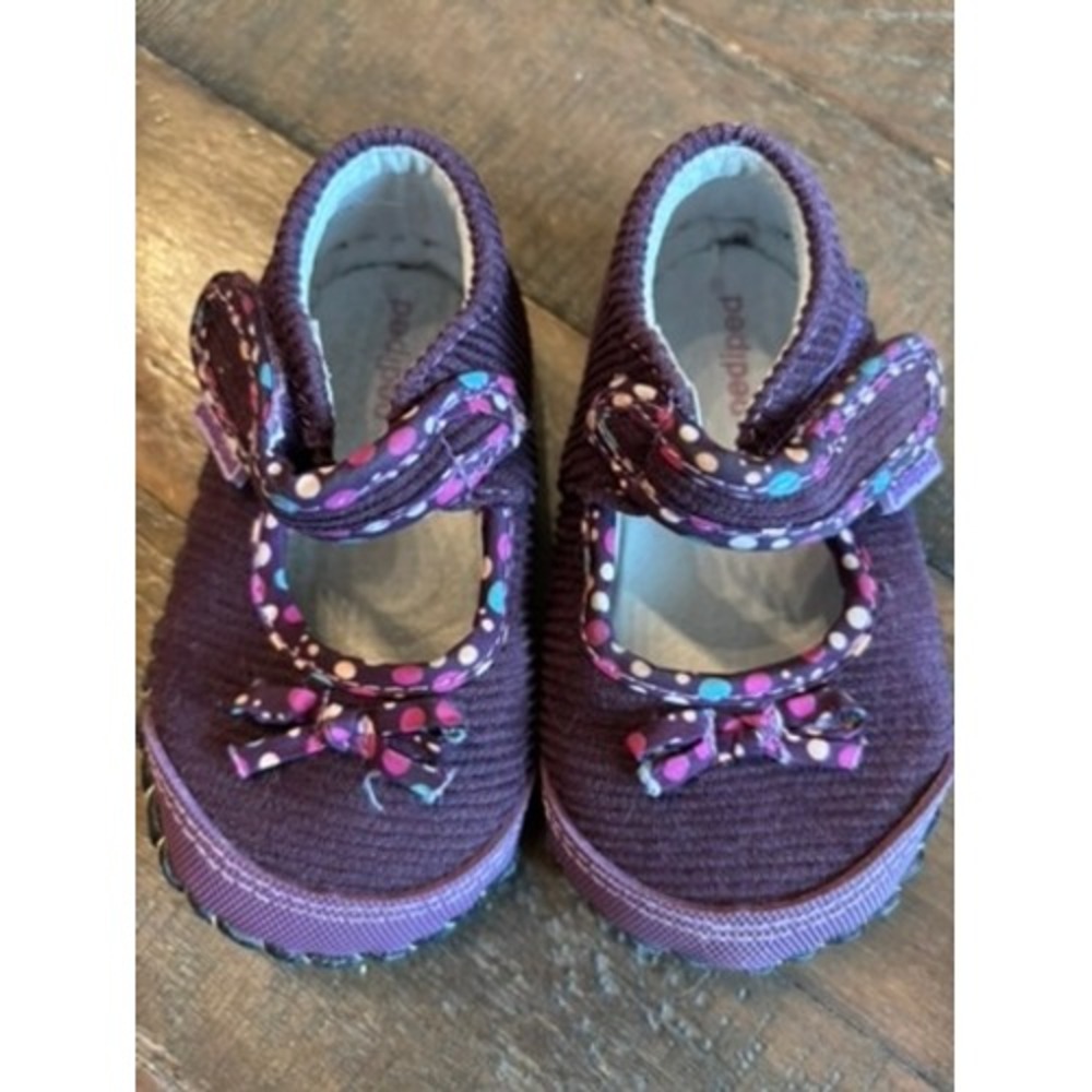 Pediped Mary Jane Kids 6-12 Months Purple Corduroy Polka Dot Bow Soft Sole Shoes